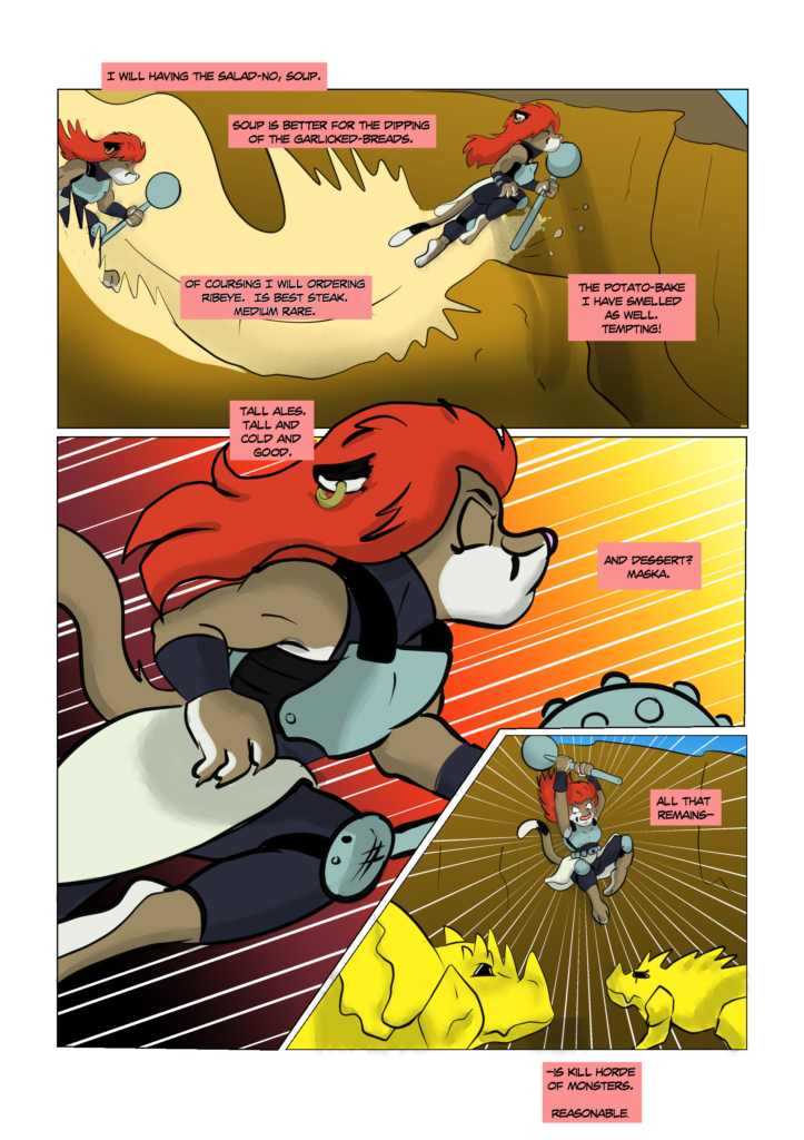 Katya soars into battle mentally listing the dinner she’s going to have kisuke buy her.